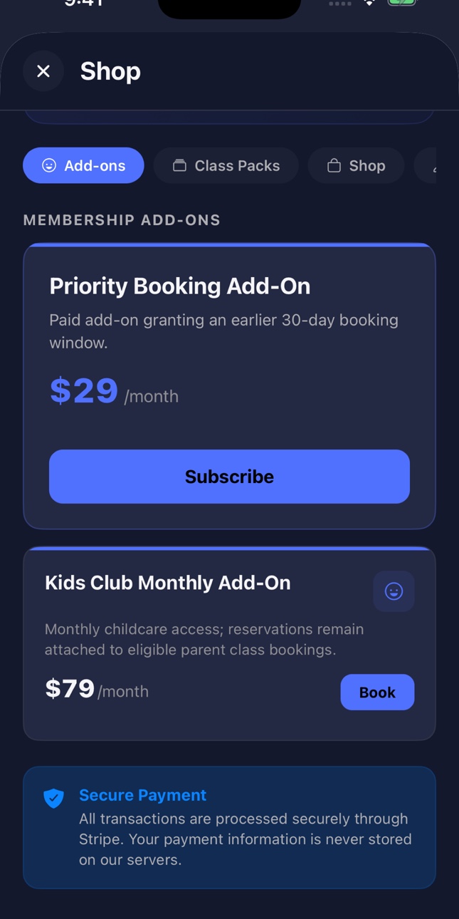 ClassFlow Demo member app add-on purchase screen with secure payment message