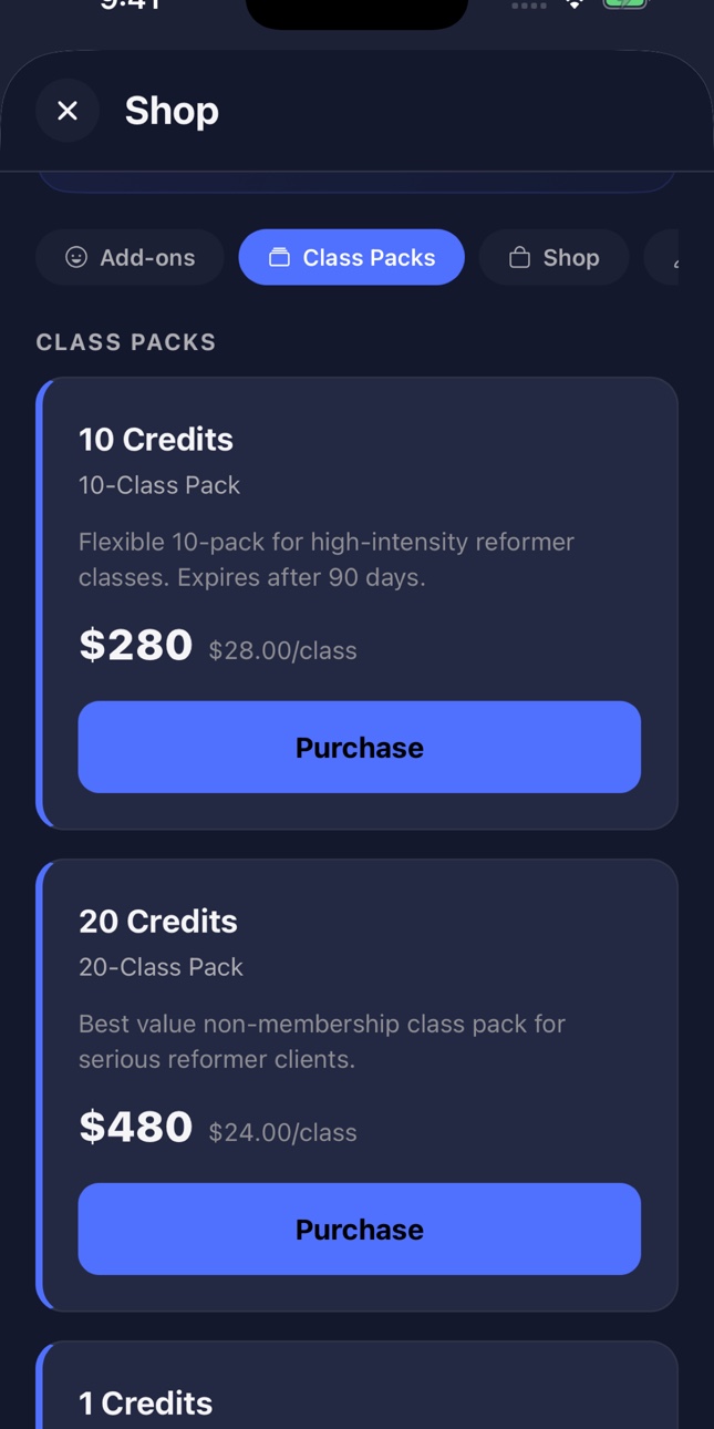 ClassFlow Demo member app class pack storefront